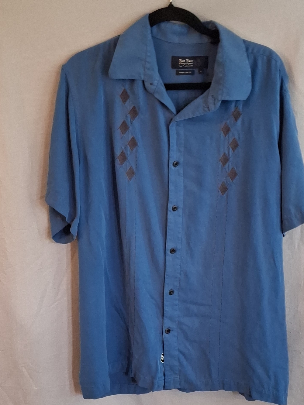 Nat Nast Blue Short-Sleeve Button Down Shirt with Diamond Embroidery